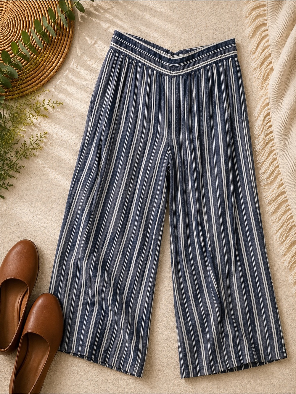 Old Navy XXL High-Waisted Striped Linen Blend Wide Leg Pants Blue White